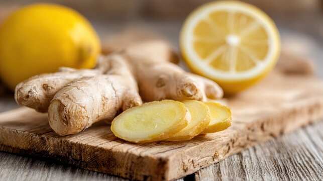 Fresh Ginger Roots and Lemon Slices on Cutting Board for a Healthy Metabolism Boost