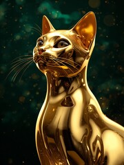 Golden Cat Sculpture Close-Up with Glossy Metallic Finish