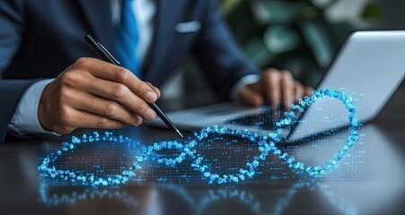 Businessperson analyzes blue digital helix near laptop