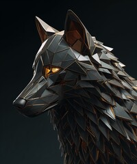 Geometric Dark Metallic Wolf Sculpture with Golden Accents