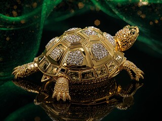 Luxurious Diamond-Encrusted Golden Turtle Sculpture on Reflective Surface