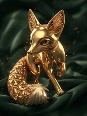 Elegant Golden Fox Sculpture with Ornate Tail and Filigree Ears
