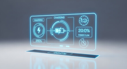 Futuristic holographic display showing electric vehicle battery charging status and power management interface in blue light