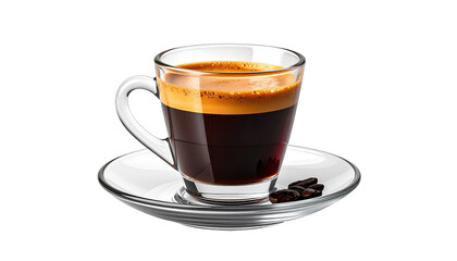 Shot of espresso in a clear glass cup with saucer, coffee beans present