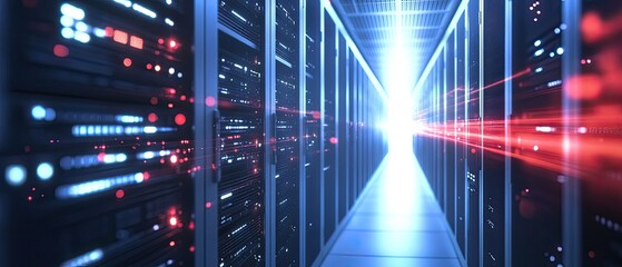 Server room with lights, digital data flow