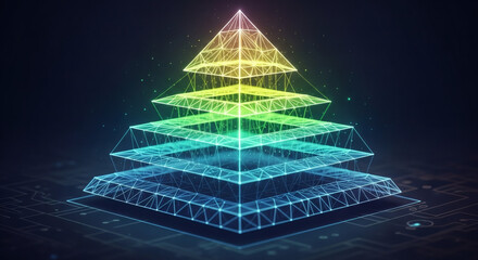 Abstract digital pyramid with interconnected network layers, representing data visualization and technology