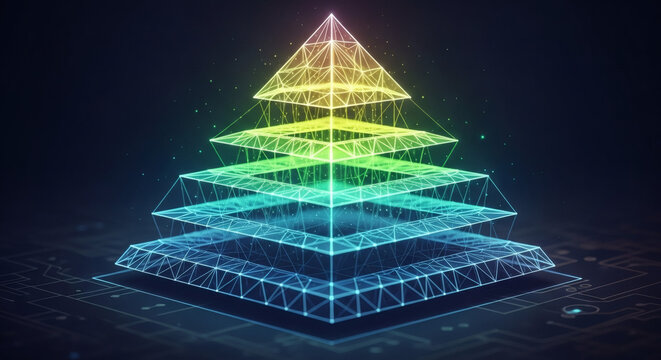 Abstract digital pyramid with interconnected network layers, representing data visualization and technology