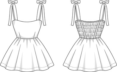Sleeveless dress fashion illustration, shoulder tie straps, smocked back bodice, flared skirt, front and back views, CAD template