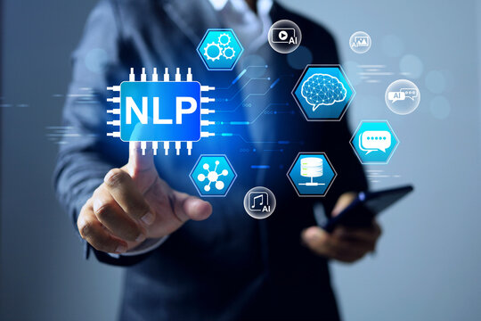NLP natural language processing concept with businessman command to support ai automation working and big data analysis communication in auto chatbot machine learning