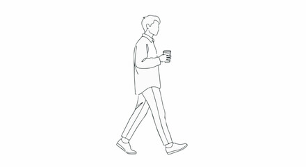 Simple black and white line drawing of a man walking with coffee cup on white background © 爱心binragh