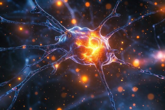 Neuron cell render, bright center, branching dendrites, blue hue