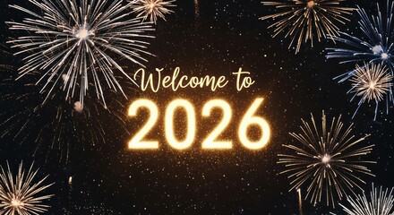 Festive new year greeting with fireworks and illuminated text on dark background