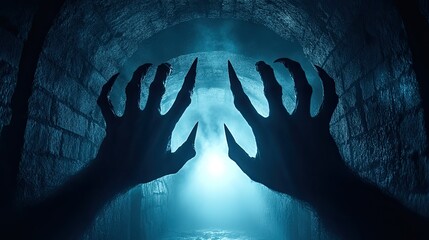 Claws emerge from dark tunnel, with eerie blue light