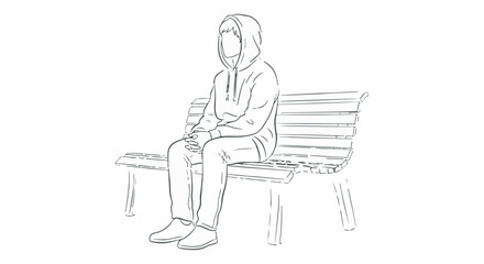 Black and white line art sketch of person wearing hoodie sitting alone on bench isolated