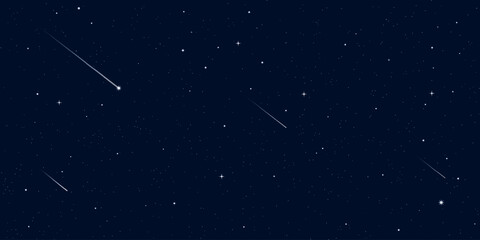 Starry night sparkle sky space background vector illustration. Dark universe astronomic night sky with stars and comets in outer space, Milky Way magic starlight bright wallpaper.