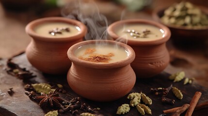 Chai tea served clay cups with steam Indian street background spices like cardamom and cinnamon around warm natural tones cultural authenticity
