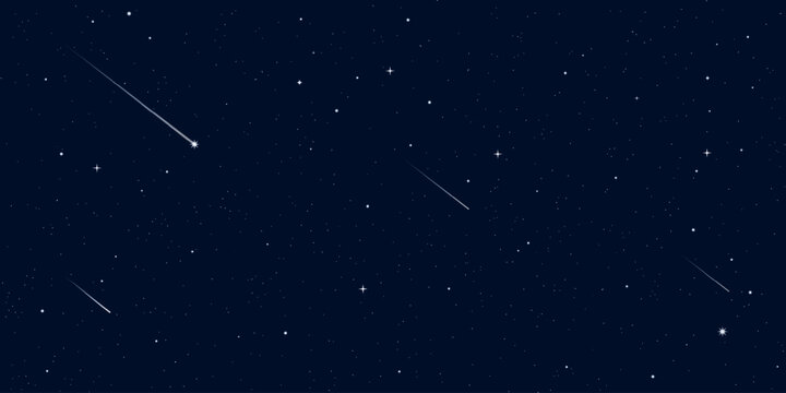 Starry night sparkle sky space background vector illustration. Dark universe astronomic night sky with stars and comets in outer space, Milky Way magic starlight bright wallpaper.