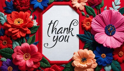 Thank you note on white paper with red frame surrounded by 3d crafted colorful flowers, message text on aesthetic card