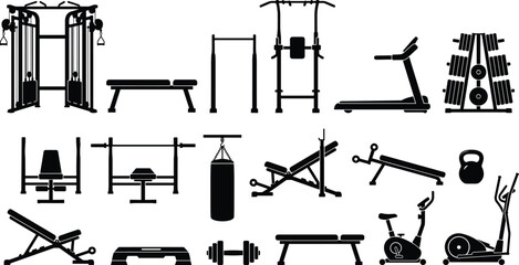 Gym equipment silhouettes, fitness icons, workout machines, exercise tools, strength training, cardio gear, home gym essentials, bodybuilding, fitness center setup