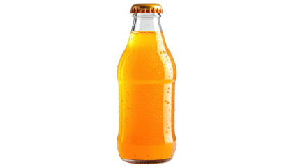 A clear glass bottle filled with an orange liquid, crowned with a gold cap