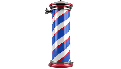 A classic barber pole with rotating blue, red, and white stripes, stands out