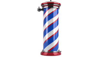A classic barber pole with rotating blue, red, and white stripes, stands out