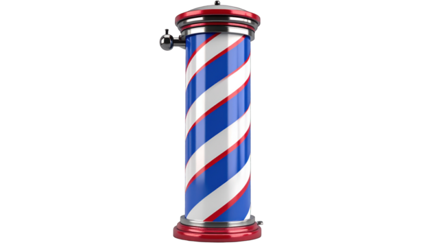 A classic barber pole with rotating blue, red, and white stripes, stands out