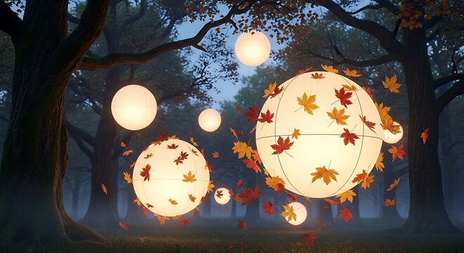 Magical glowing lanterns with autumn leaves in an enchanted forest at dusk.