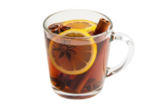 Hot spiced winter drink with orange slice and cinnamon stick in a clear glass mug, isolated on transparent background