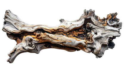 Close-up of weathered, gnarled driftwood against a black background