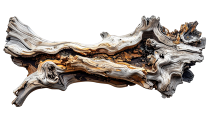 Close-up of weathered, gnarled driftwood against a black background