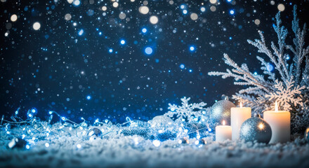 Magical winter night with snow and glowing candles