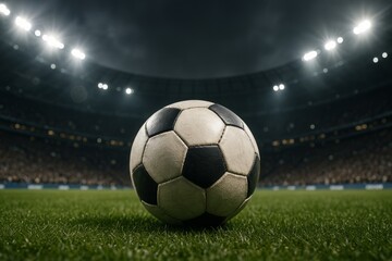 Close-up of classic soccer ball on green field under stadium lights with crowd in background at night, symbolizing competition and sport concept. Ai generative
