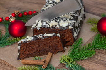Christmas chocolate cake with bananas and cocoa