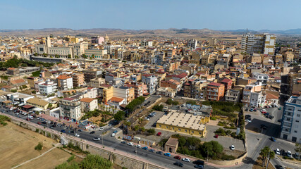 Obraz premium Aerial view of the city of Gela, located in the province of Caltanissetta, Sicily, Italy.