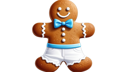 Cartoon gingerbread man with white icing, bow tie, and white shorts