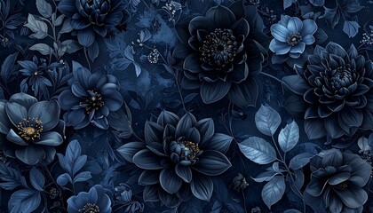 Black flower surface deep blue petals motif abstract floral decoration luxury background wallpaper elegant botanical pattern artistic design nature-inspired sophisticated modern texture ornamental det