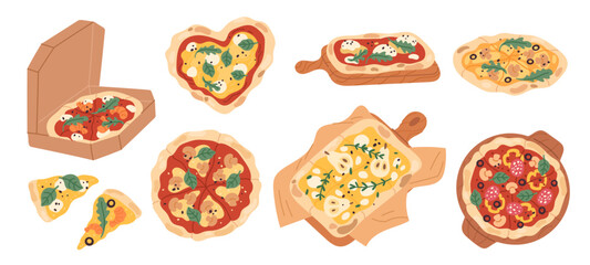 Different pizza types. Italian cuisine, traditional dish, round, square, heart shaped whole and pieces food, fast food, dough, cheese, tomatoes. Garish vector cartoon isolated set