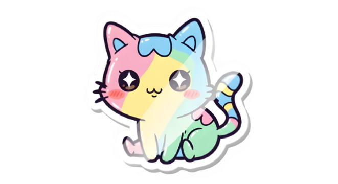 Cute rainbow pastel cat cartoon character waving isolated on transparent background
