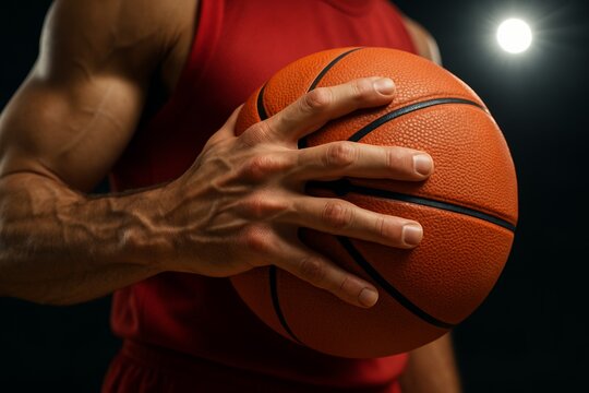 Close-up of muscular male hand gripping basketball in dramatic lighting, symbolizing strength, focus, and intensity in sport competition concept. Ai generative