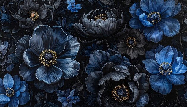 Black flower surface deep blue petals motif abstract floral decoration luxury background wallpaper elegant botanical pattern artistic design nature-inspired sophisticated modern texture ornamental det