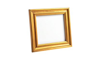 A golden, ornate picture frame with a white background, tilted