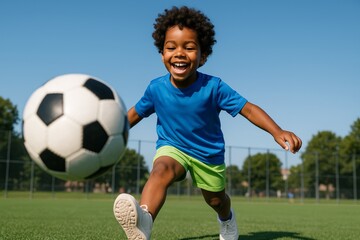 Obraz premium Joyful young boy playing soccer on a sunny day, kicking a ball with excitement on a green field, concept of childhood sports and outdoor fun.. Ai generative