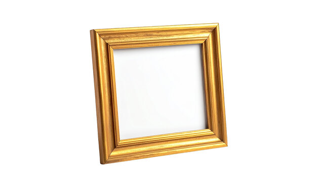 A golden, ornate picture frame with a white background, tilted