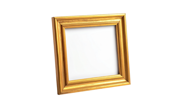 A golden, ornate picture frame with a white background, tilted
