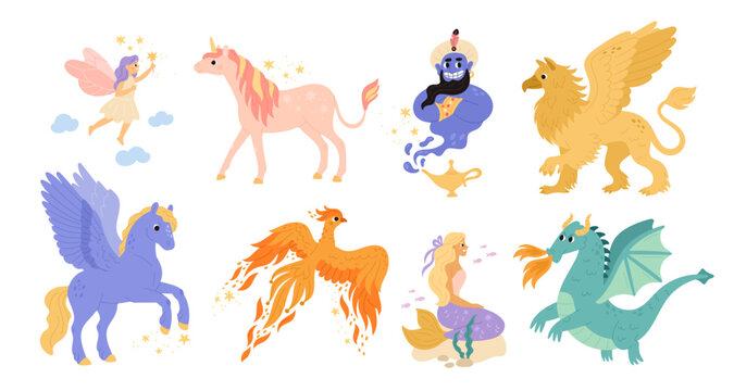 Cartoon mythical creatures. Fabulous characters, fairytale animals and people, jin, fairy, dragon, legendary folklore phoenix and pegasus, mermaid and unicorn garish vector isolated set