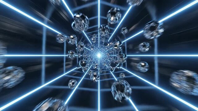 Seamless loop of silver geometric shapes rapidly moving forward through an abstract tunnel signifying continuous progression and speed rendering, perspective, growth