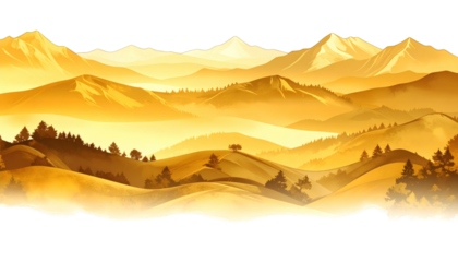 Golden landscape with tiered mountains, trees, and ethereal fog