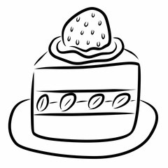 Strawberry Cake Slice Illustration in Black Outline for Dessert Art