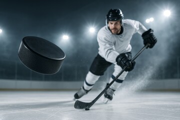 Ice hockey player in action chasing flying puck on arena under stadium lights during intense game moment for competitive sport concept image. Ai generative